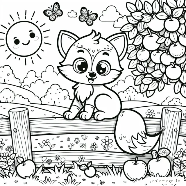 Dans cette scène animée, un petit renard espiègle est assis sur une clôture en bois dans un verger luxuriant. Passant de fruits juteux à des papillons colorés, il semble qu'il apprécie son petit univers. Le Soleil, beaucoup trop heureux, brille de tout son éclat dans le ciel.
