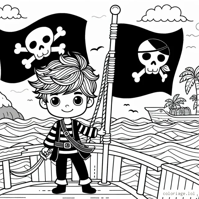 Un jeune garçon pirate se tient fièrement sur le pont de son bon vieux navire, les cheveux dans le vent. Derrière lui flotte son drapeau noir à la tête de mort. Dans la mer agitée, on peut voir une île au trésor au loin.