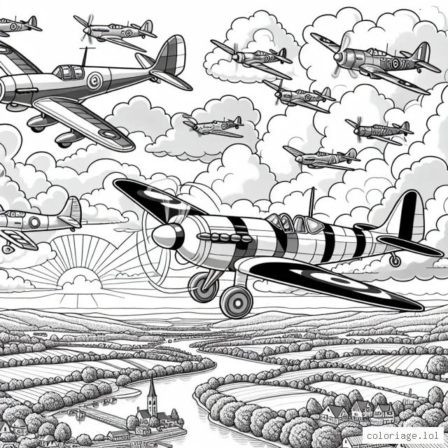 Imagine un groupe d'avions volant au-dessus d'un paysage pittoresque. Certains avions sont des modèles de passagers, d'autres sont des avions de chasse de la Seconde Guerre Mondiale et enfin, quelques-uns sont des avions acrobatiques qui exécutent des figures dans le ciel. Intègre également de beaux nuages, le soleil brille au loin, et en bas, il y a des champs verdoyants, une ville et une rivière qui serpente à travers la terre.
