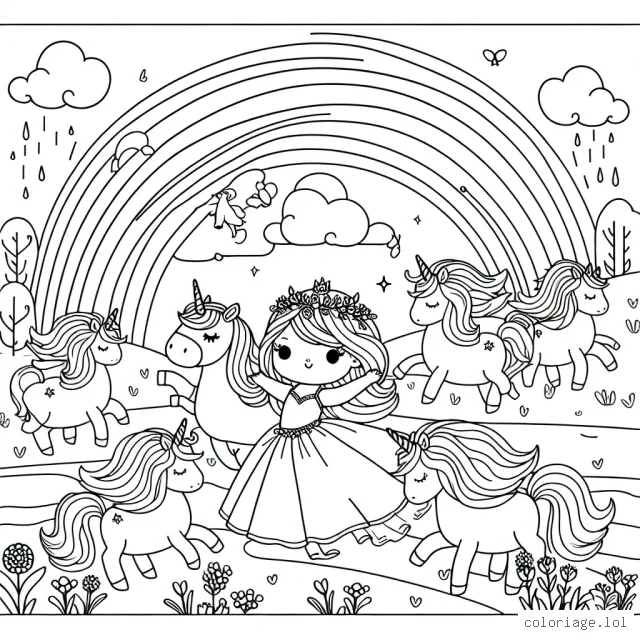 Un paysage féerique de princesse dansant avec des licornes sous un arc-en-ciel