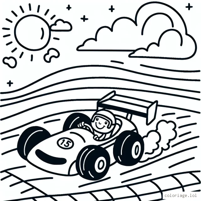 Dessine une voiture de course roulant à toute vitesse sur une piste de circuit, avec un conducteur heureux à l'intérieur et un beau ciel bleu au-dessus.