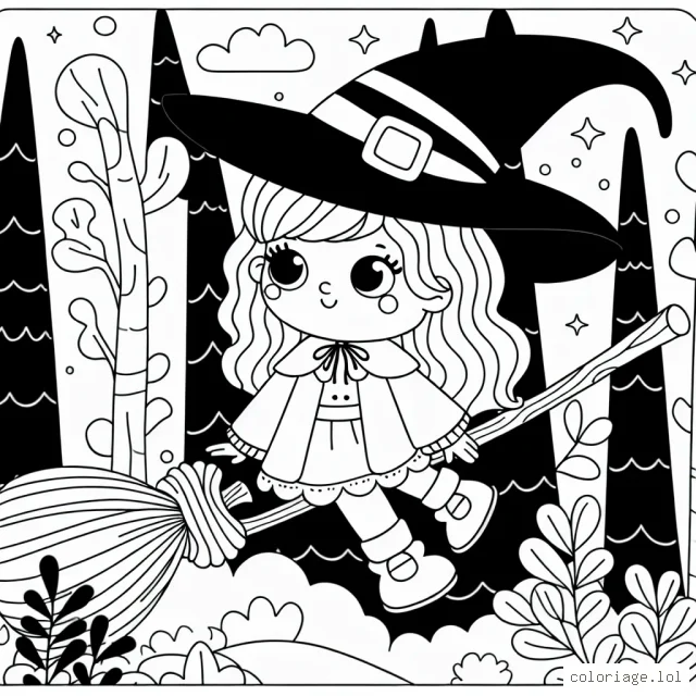 Dessine une petite sorcière sympathique chevauchant son balai magique au-dessus d'une forêt enchantée