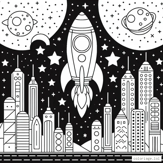 Une fusée spatiale survolant la ville futuriste sous le ciel étoilé