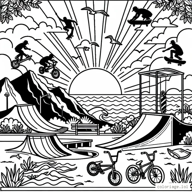 Imagine une scène intense de sports extrêmes mêlant le BMX, le skate, le surf et le base jumping. Cette scène se déroule dans un parc urbain près de la mer avec des montagnes en arrière-plan et un soleil couchant. Assure-toi d'inclure des détails comme des rampes pour le BMX et le skate, des vagues pour le surf, et des falaises pour le base jumping. Inclus également des éléments naturels comme des arbres, des oiseaux et des nuages.