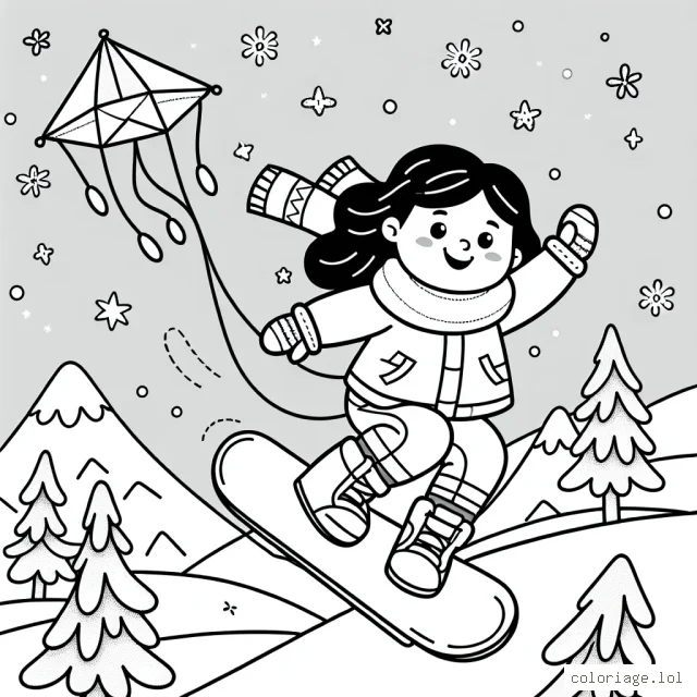 Dessine un enfant en train de faire du snowboard en sautant dans les airs sur une montagne enneigée, avec un cerf volant qui plane en haut dans le ciel étoilé.