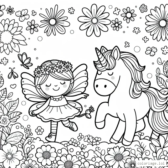 Dessine une petite fée virevoltant dans un jardin de fleurs multicolores, accompagnée de son fidéle ami licorne.