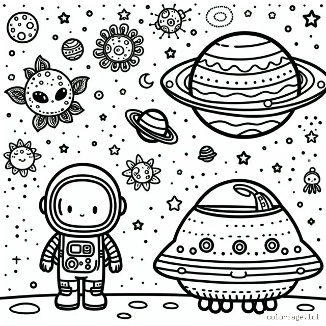 Un petit astronaute avec son vaisseau spatial fait face à une planète pleine de créatures extraterrestres colorées
