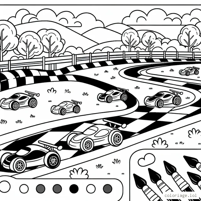 Un circuit automobile animé avec différentes marques de voitures