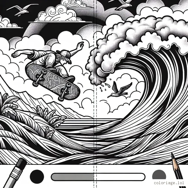 Une scène captivante montrant un skateur effectuant une cascade aérienne détaillée sur une rampe et un surfeur chevauchant une vague massive; tous deux présentés sous un ciel parsemé de nuages, avec des oiseaux en arrière-plan. Assurez-vous de capter l'excitation et la dynamique du sport extrême!