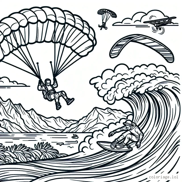 Un ensemble de sports extrêmes présentés dans une scène aérienne palpitante, avec un parachutiste au-dessus des montagnes, un surfeur naviguant sur une énorme vague et un skateur faisant un saut impressionnant au-dessus d'un skateboard park.