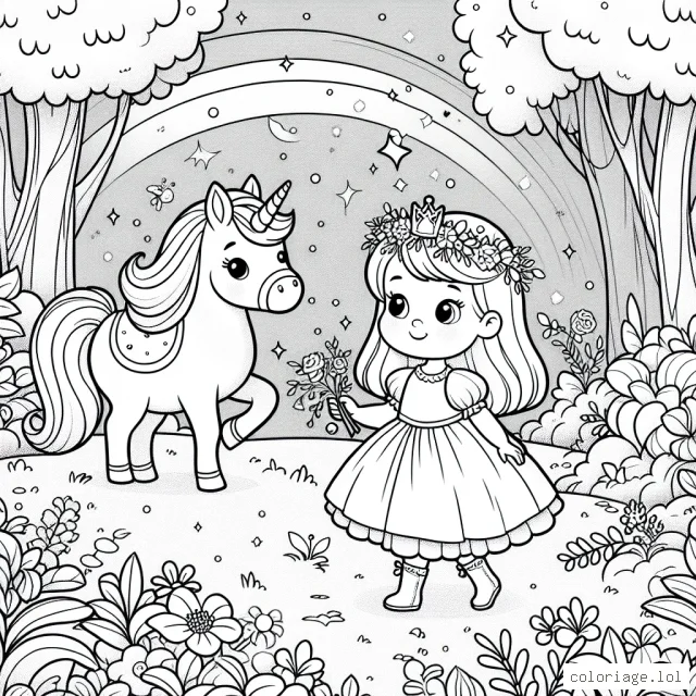 Une petite princesse marche dans un jardin enchanteur avec son licorne.