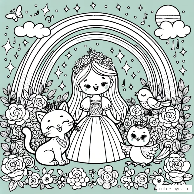 Dessine une princesse en compagnie de ses deux meilleurs amis : un chaton courageux et un gentil oiseau chanteur, tous trois dans son beau jardin enchanteur plein de roses scintillantes et d'arc-en-ciel.