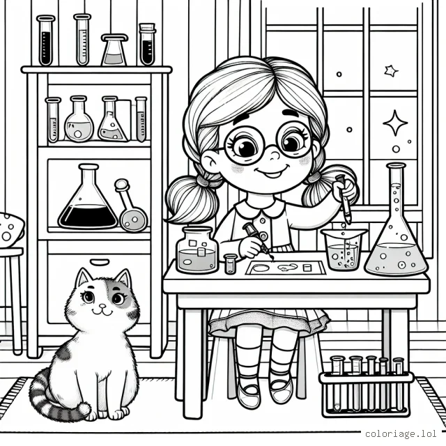 Une petite fille confiante équipée de jolis équipements de scientifique fait une expérience fascinante dans son laboratoire maison tout en étant accompagnée de son chat intrigué.