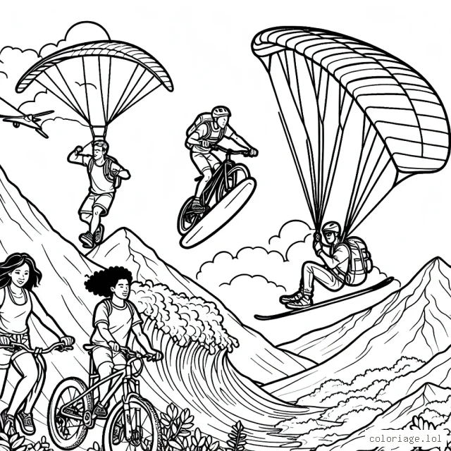 Les enfants doivent colorier un groupe d'amis faisant du sport extrême sur une montagne. Le dessin doit inclure quelqu'un sur un VTT, quelqu'un faisant du parapente, quelqu'un en train de grimper, et quelqu'un surfant sur une vague géante qui descends de la montagne.