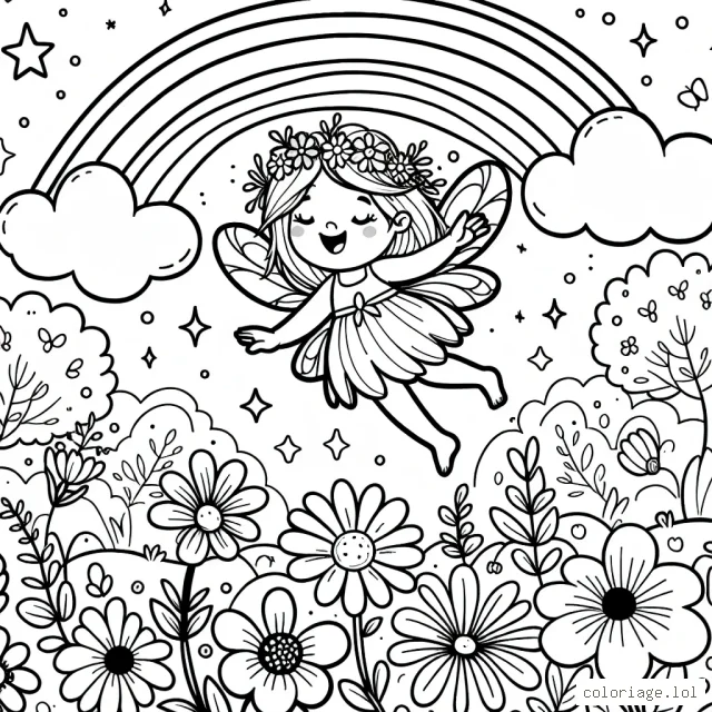 Dessine une petite fée enchantée qui vole joyeusement entre des fleurs magnifiques dans une forêt enchantée, avec un arc-en-ciel qui brille dans le ciel.