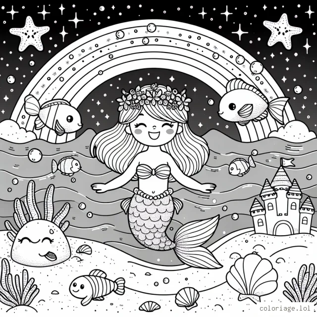 Une petite sirène joyeuse nage avec ses amis poissons colorés, sous un océan scintillant de lumière. Des châteaux de sable et des coquillages décorent le fond marin, tandis qu'un arc-en-ciel orné d'étoiles de mer s'étend au-dessus d'eux.