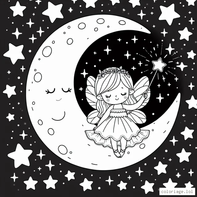 Dessine une petite fée assise sur une lune brillante en tenant une baguette magique avec des étoiles lumineuses et brillantes tout autour