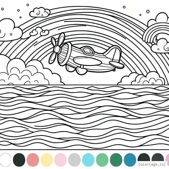Un avion fantastique filant au-dessus de l'océan avec un arc-en-ciel en arrière-plan
