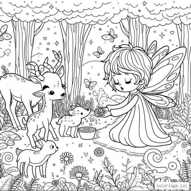 Dessine une petite fée dans une forêt enchantée en train de nourrir des animaux magiques.