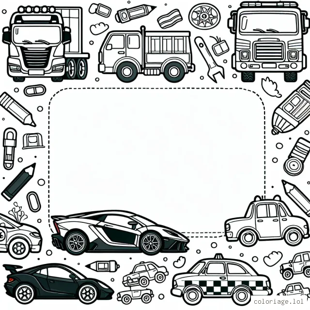 Dans notre atelier de coloriage d'aujourd'hui, nous allons te faire voyager au monde des voitures de rêve. Tu auras un grand tableau avec différentes marques de voitures de sport, camions, taxis et voitures de police à chaque coin de l'image.