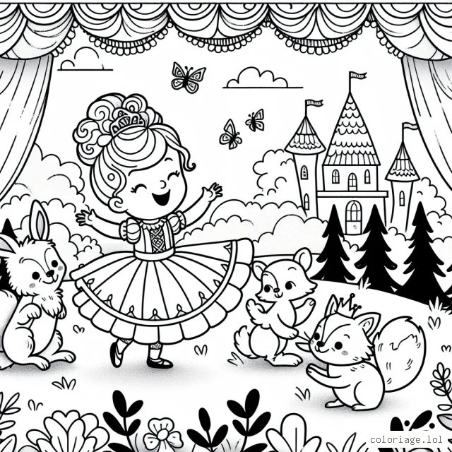 Une princesse joyeuse danse avec ses amis animaux dans un jardin enchanteur