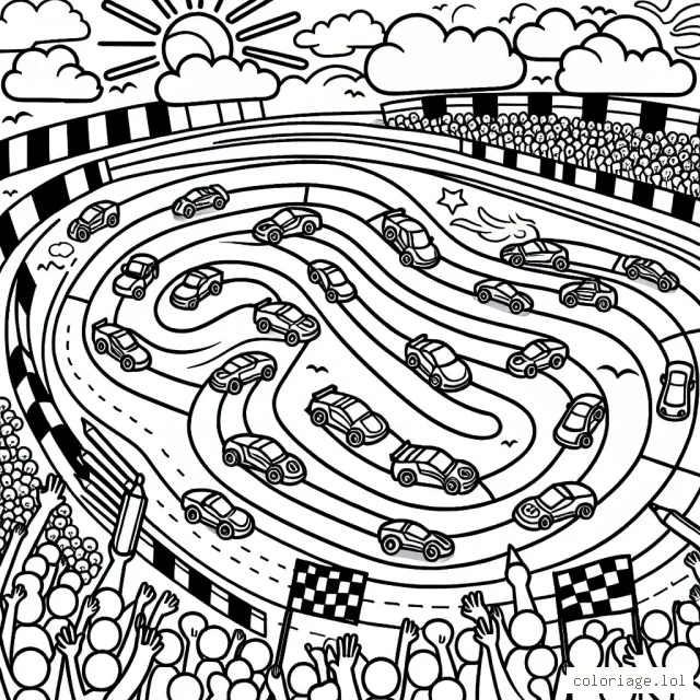 Une scène animée d'un circuit automobile où plusieurs types de voitures de course compétitionnent sur une piste en zigzag. Le public autour de la piste est débordant d'énergie. Le ciel avec le soleil, les oiseaux et les nuages doit aussi être coloré.