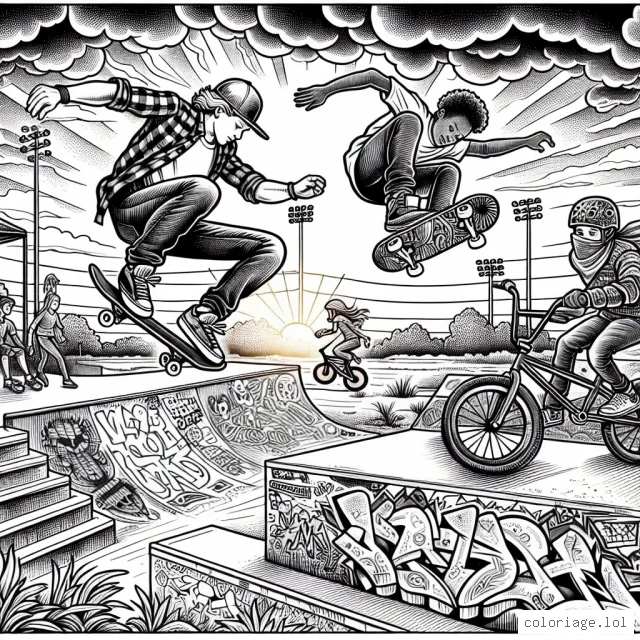 On voit un skate park vibrant d'action. Au milieu du dessin, un skateur réalise un saut impressionnant au-dessus d'une rampe, tandis qu'une fille fait du roller en arrière-plan. À droite, un vélo BMX est capté en plein vol après avoir sauté sur une autre rampe. À gauche, des griffonneurs graffiti se sont infiltrés pour donner vie à ce parc de skate désolé. Le ciel offre un coucher de soleil spectaculaire qui donne à ce paysage urbain un éclat étonnant. Ton travail est de rendre cette scène encore plus dynamique avec tes couleurs !