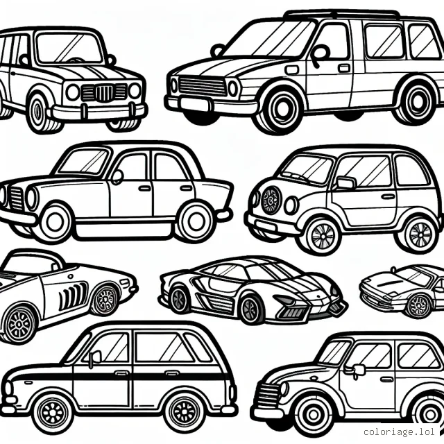 Dessine et colorie une gamme de voitures de différentes marques. Vous devez représenter au moins cinq marques différentes, chacune avec son modèle iconique.