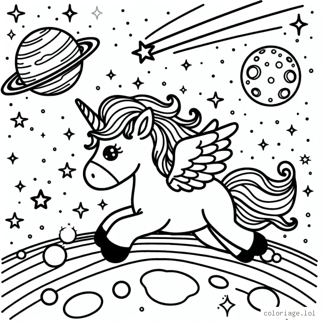 Une licorne ailée voyage dans l'espace, observant les planètes multicolores et les étoiles scintillantes, une comète filante dans le lointain, et une station spatiale enfantine proche de la lune.
