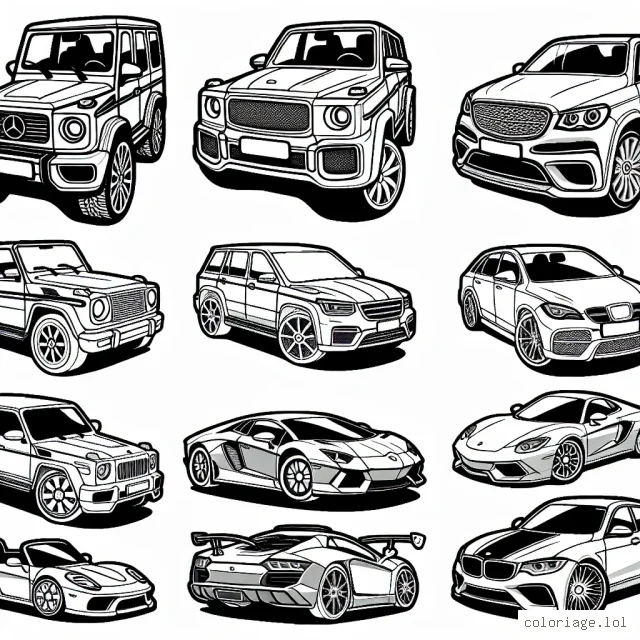 Cet atelier de coloriage vous propose de découvrir des voitures par marque. Chaque page comporte un dessin détaillé d'un modèle de voiture spécifique d'une marque reconnue. Vous pouvez colorier des marques comme Ferrari, BMW, Mercedes-Benz, Toyota, Audi et bien d'autres encore !