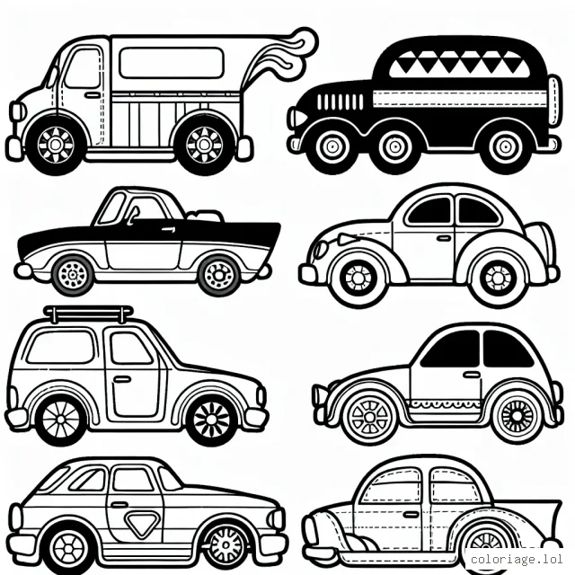 Des voitures emblématiques de différentes marques sont alignées et prêtes à être coloriées.
