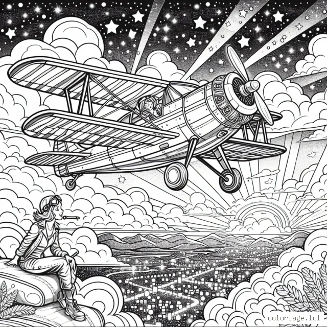 Un avion plein de surprises surplombe les nuages, un pilote courageux à son bord. Aux commandes de cette formidable machine, le pilote virevolte à travers le ciel éblouissant. Devant lui, le soleil est juste sur le point de se coucher, et le ciel est éclaboussé d'éclats violets, roses, oranges et jaunes. Que de belles couleurs à colorier ! Sur le sol en dessous, on peut voir la ville et ses mille lumières qui scintillent. Parviendras-tu à colorier ce paysage fascinant ?