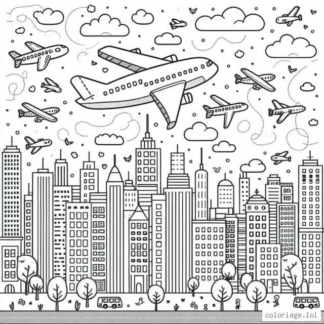 Dessine un grand avion dans le ciel, entouré de petits avions qui jouent autour. Ils volent au-dessus d'une ville animée, pleine de bâtiments et de parcs. Ajoute des nuages flottants dans le ciel et des oiseaux volant à proximité. Tu peux ajouter des détails comme des vitres sur les avions et des gens dans les parcs.