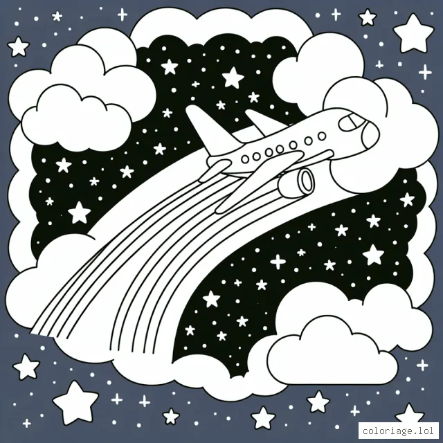 Un avion traversant le ciel étoilé, laissant une traînée arc-en-ciel derrière lui.