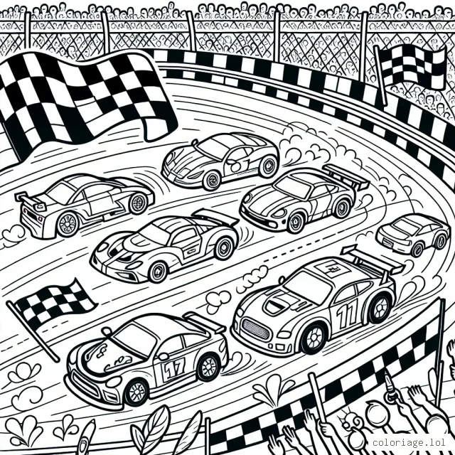 Dessine une course de voitures colorées, avec une variété de formes et de modèles de voitures en pleine action sur une piste de course bondée de supporters.