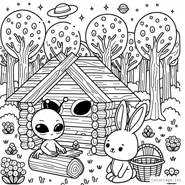 Imagine une scène dans laquelle un petit extraterrestre sympathique est en train d'aider un lapin à construire une cabane en bois dans une forêt enchantée.