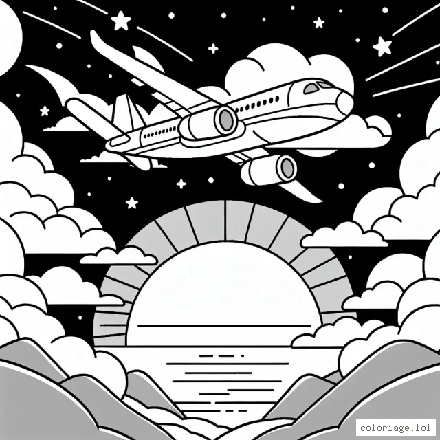 Un avion à réaction parcourant les cieux, avec en arrière-plan un magnifique coucher de soleil