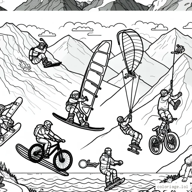Des sportifs courageux sont en plein action dans différents sports extrêmes. Une planche à voile vole au-dessus de vagues rugissantes, un snowboarder descend une pente raide, un alpiniste escalade une haute montagne et un skater exécute une figure difficile. Il y a aussi une scène de base jumping et un cycliste de BMX réalise un saut impressionnant. Fait preuve de créativité et utilise une variété de couleurs pour donner vie à cette scène palpitante!
