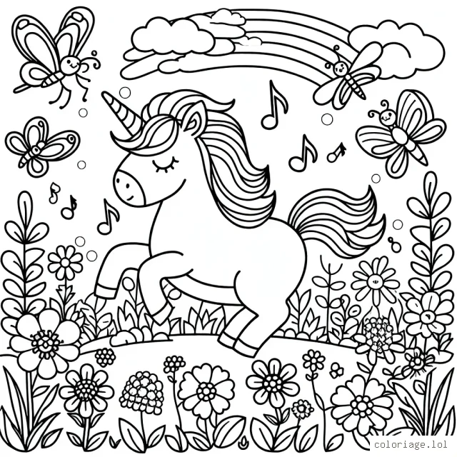 Une licorne joue avec des insectes musicaux dans un pré rempli de fleurs multicolores