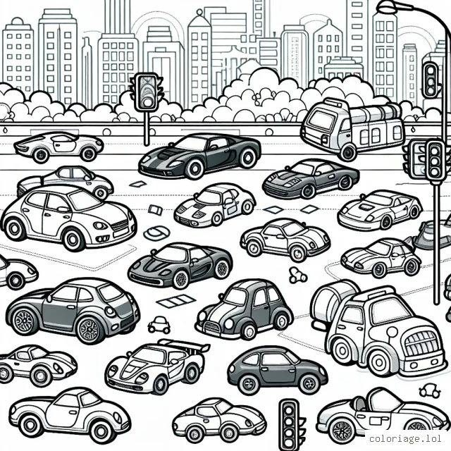 Imagines une scène où différentes types de voitures se rassemblent pour une grande course dans une ville animée.