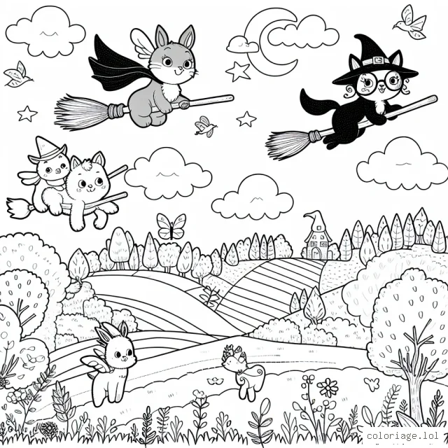 Des animaux fantastiques organisant une course de balais volants au-dessus d'un paysage enchanteur