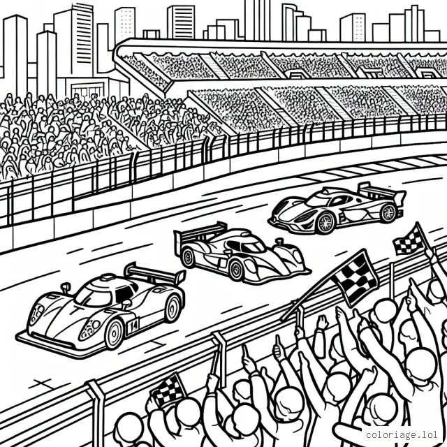 Dessine une course passionnante de voitures de sport colorées sur une piste animée avec un public enthousiaste dans les gradins.