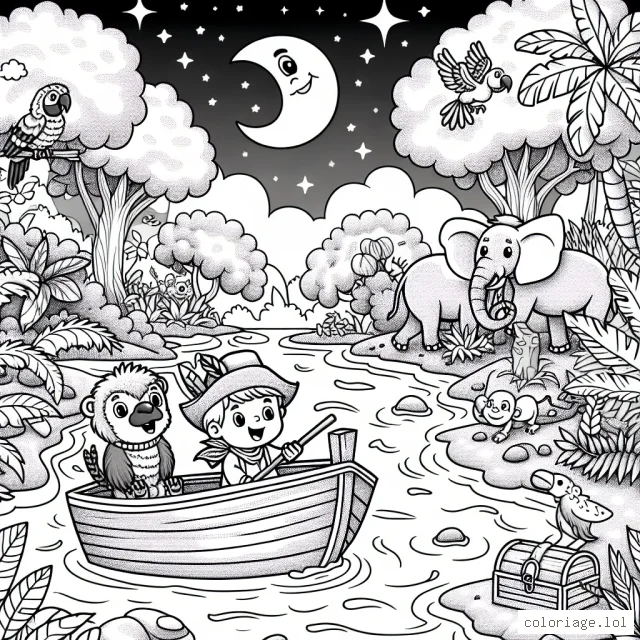 Un petit garçon aventurier navigue sur une rivière agitée à bord d'un petit bateau en bois, encadré par une jungle luxuriante peuplée d'animaux exotiques tels qu'un perroquet coloré, un singe farceur et un éléphant au loin. Le ciel est étoilé avec une grande lune. Il y a aussi un trésor enfoui à proximité.