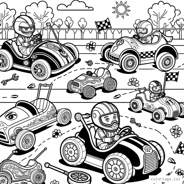 Imagine une grande course de voitures pour laquelle tous les enfants du monde apportent leur voiture à pédales. Chaque voiture est unique ! Dessine et colorie ces voitures étonnantes dans une course animée autour du monde.