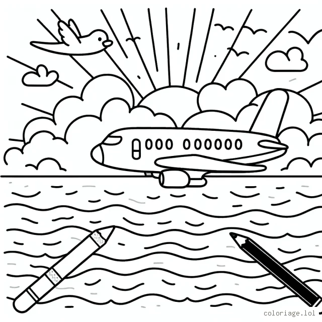 Imagine un avion survolant l'océan, avec de jolis nuages dans le ciel et un magnifique coucher de soleil. Tu peux aussi ajouter des oiseaux qui volent autour de l'avion.