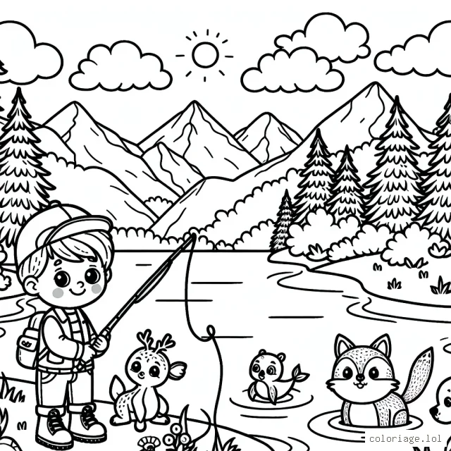 Un petit garçon pêche sur un lac, entouré d'animaux de la forêt, avec, en arrière-plan, un beau panorama de montagnes.