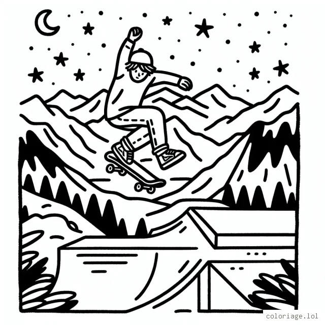 Un skateboarder en plein saut au-dessus d'une rampe avec un paysage montagneux et un ciel étoilé en arrière-plan.