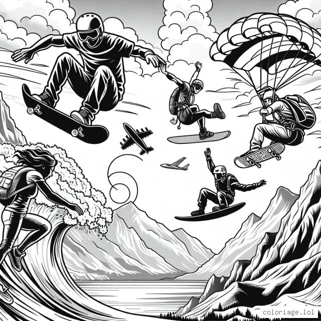 Affichez un groupe de sportifs extrêmes en pleine action ! Il y a un skateur qui fait un flip au-dessus d'une rampe, un surfeur qui ride sur une immense vague, un alpiniste qui grimpe une montagne escarpée et un parachutiste en plein saut. Le tout sous un ciel magnifique illuminé par le soleil couchant.