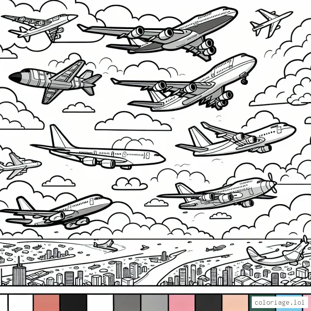 Imaginez un ciel rempli d'avions colorés, volant à travers les nuages. Chaque avion a son design spécifique et unique. Il y a des avions de chasse rapides et manœuvrables avec des ailes aiguisées, des jumbo jets massifs avec des fenêtres alignées et des hélices rugissantes, et des avions légers vibrants avec une variété de couleurs. Certains avions sont en plein vol, tandis que d'autres se préparent pour le décollage ou l'atterrissage. De plus, vous pouvez également colorier le paysage urbain et rural ci-dessous vu de la hauteur des avions