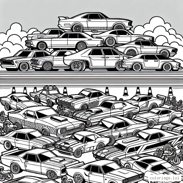 Imagine un espectacle unique avec des voitures de différentes marques alignées dans un grand parking, prêtes pour une course amicale !